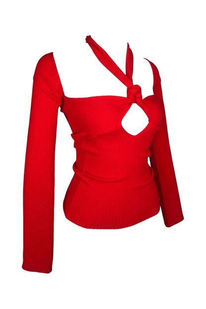 The Attico Red Ribbed Knit Halter Cut-Out Top