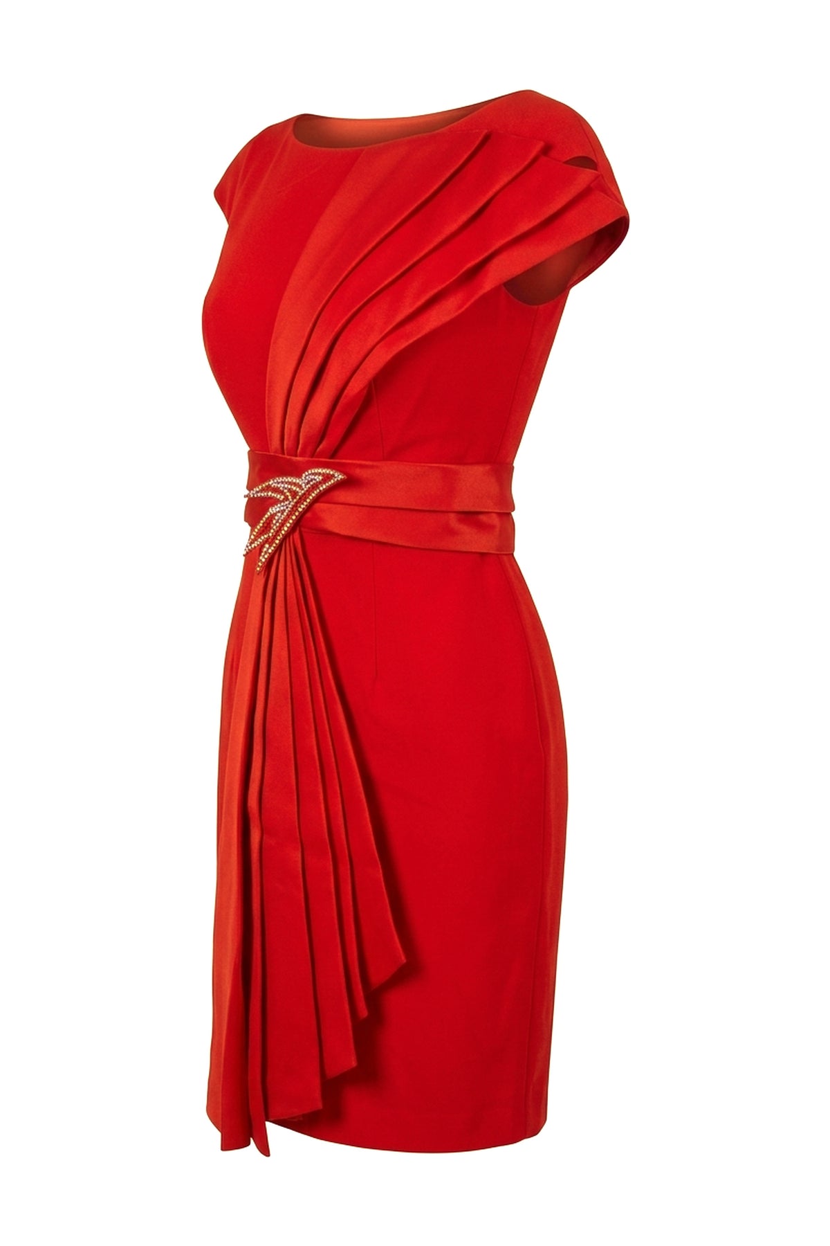 Red Pleated Shoulder Draped Cocktail Dress