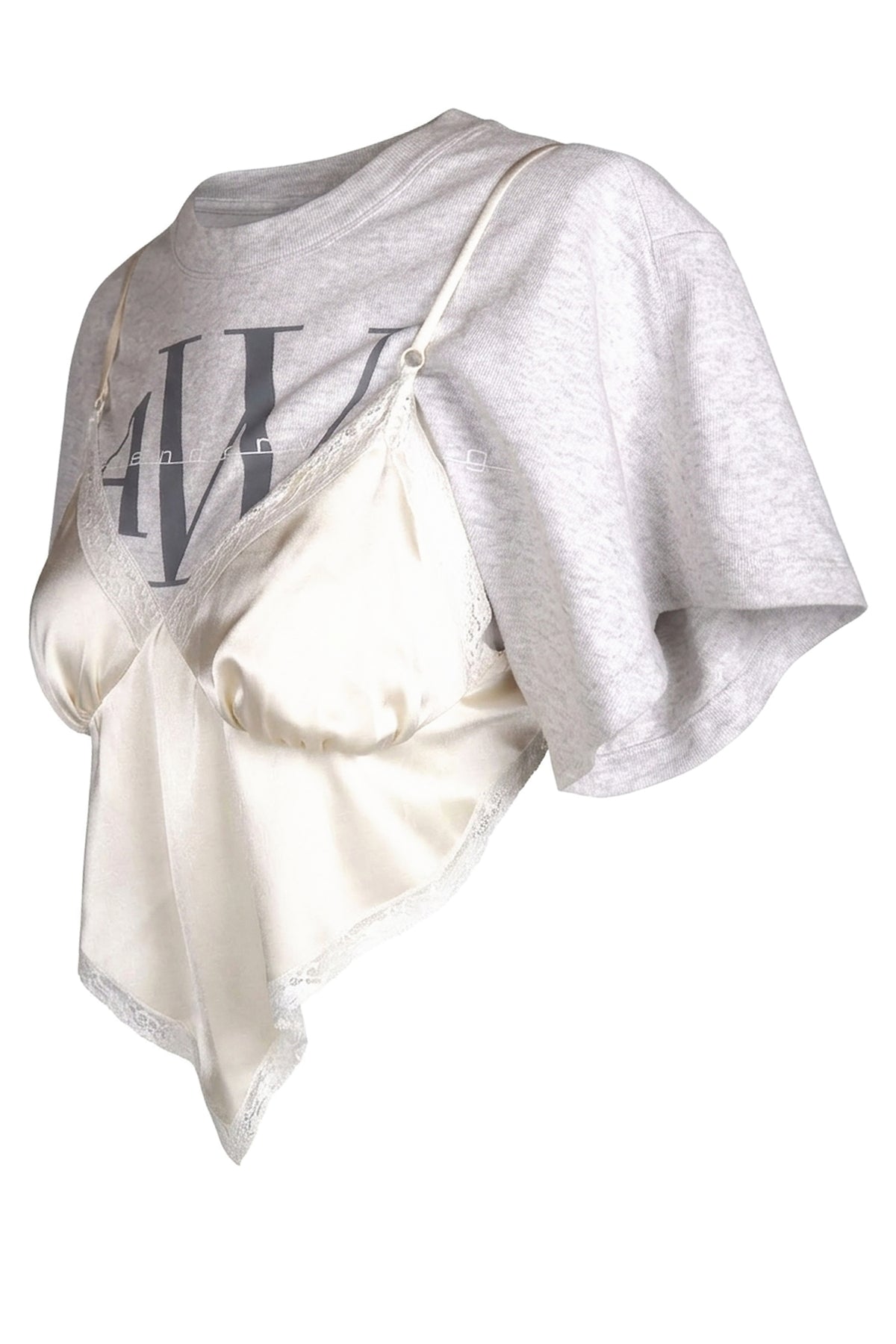 Alexander Wang Grey Marl Logo T-Shirt with Ivory Satin Slip