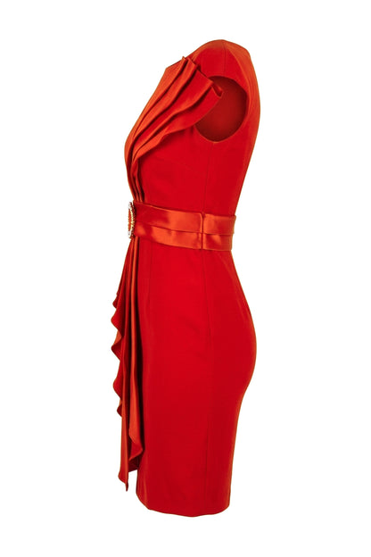 Red Pleated Shoulder Draped Cocktail Dress