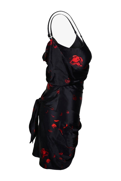 Alexander Wang Black Red Rose Print Satin Mini Slip Dress