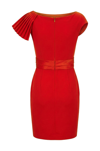 Red Pleated Shoulder Draped Cocktail Dress