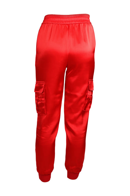 Alice + Olivia Red Satin Cargo Jogger Trousers
