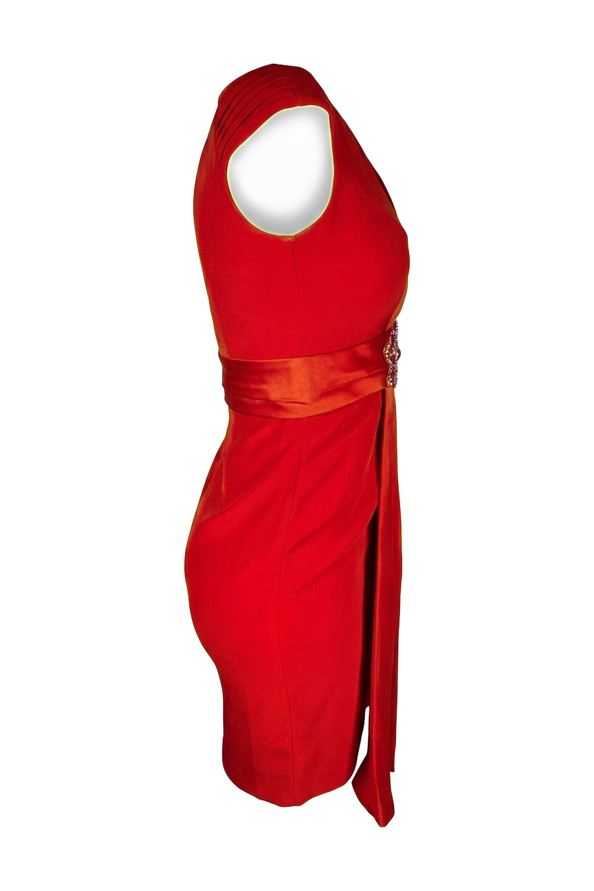 Red Pleated Shoulder Draped Cocktail Dress
