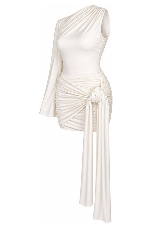 A Wave Studio Ecru Ruched One-Shoulder Mini Dress