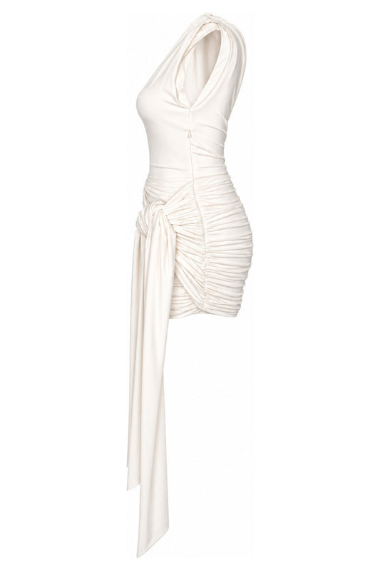 A Wave Studio Ecru Ruched One-Shoulder Mini Dress