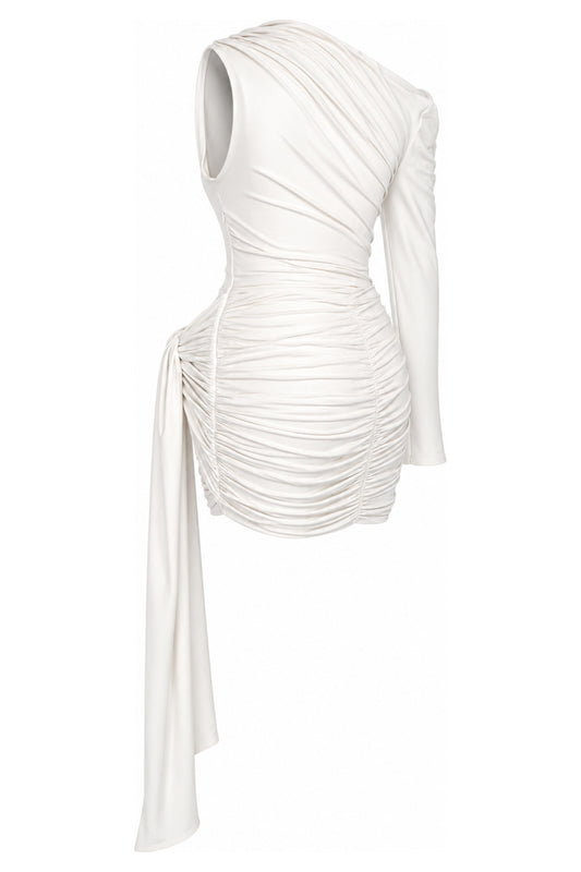 A Wave Studio Ecru Ruched One-Shoulder Mini Dress