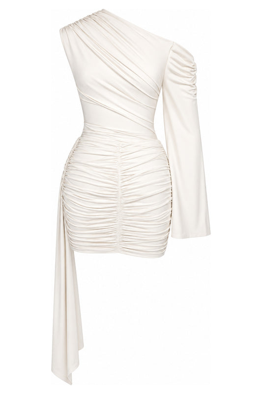 A Wave Studio Ecru Ruched One-Shoulder Mini Dress