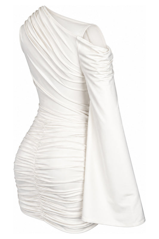 A Wave Studio Ecru Ruched One-Shoulder Mini Dress