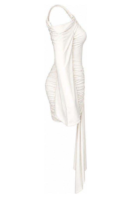 A Wave Studio Ecru Ruched One-Shoulder Mini Dress