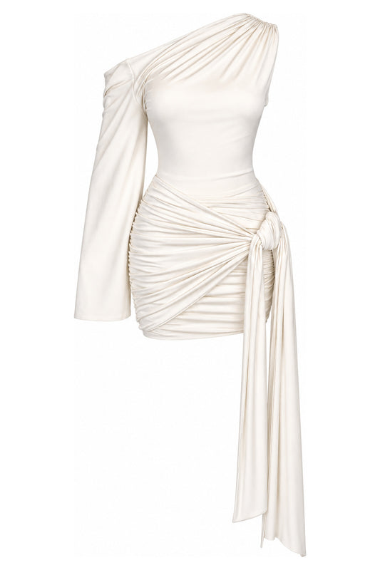 A Wave Studio Ecru Ruched One-Shoulder Mini Dress