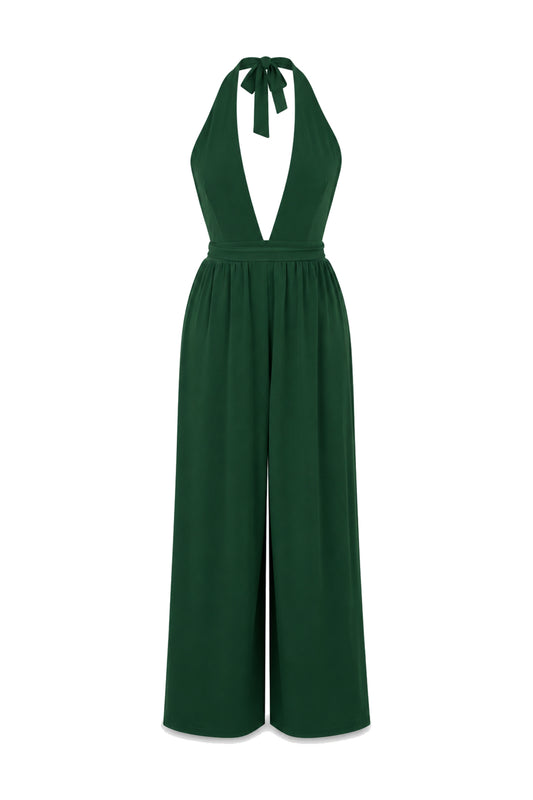 Urban Outfitters Forest Green Halter Wide-Leg Jumpsuit