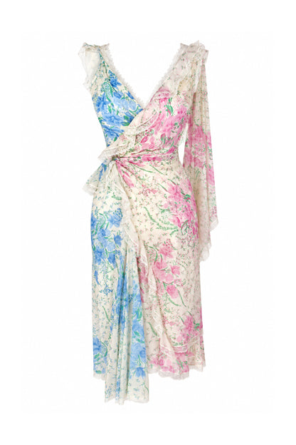 Ermanno Scervino Floral Silk Crinkle Wrap Midi Dress with Lace Trim