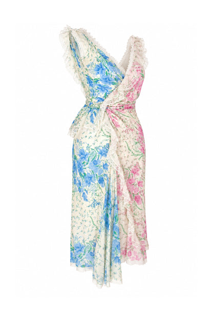 Ermanno Scervino Floral Silk Crinkle Wrap Midi Dress with Lace Trim