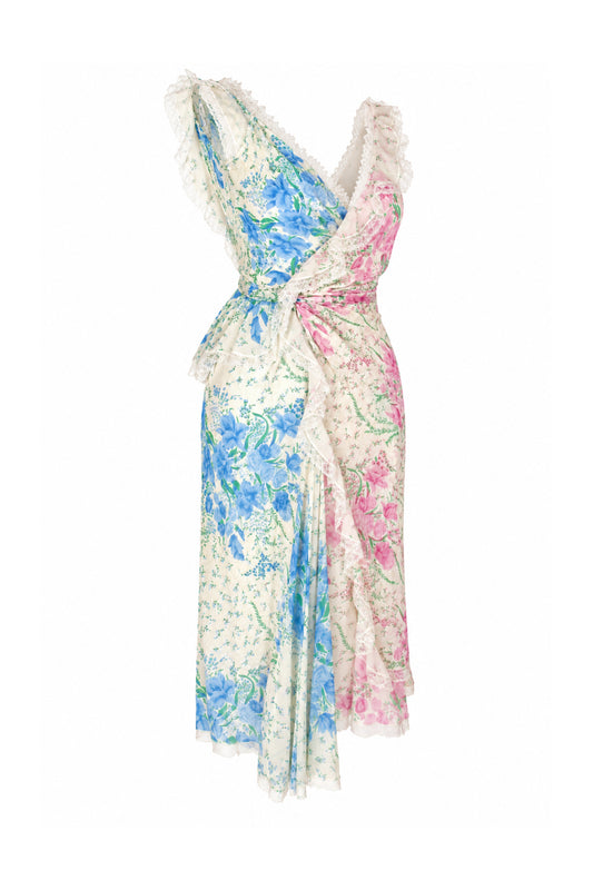 Ermanno Scervino Floral Silk Crinkle Wrap Midi Dress with Lace Trim