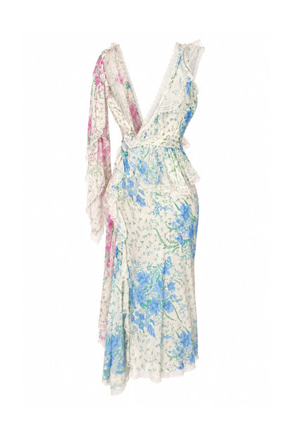 Ermanno Scervino Floral Silk Crinkle Wrap Midi Dress with Lace Trim