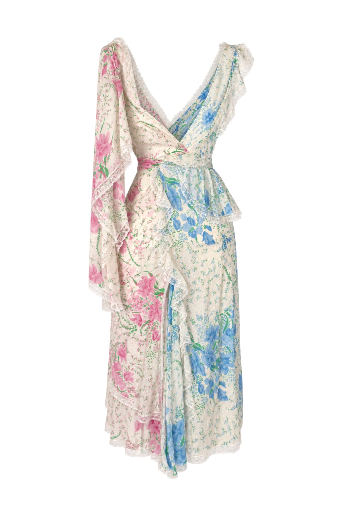 Ermanno Scervino Floral Silk Crinkle Wrap Midi Dress with Lace Trim