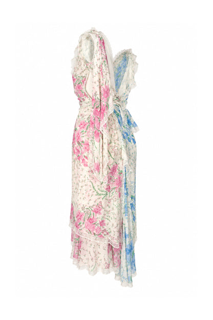 Ermanno Scervino Floral Silk Crinkle Wrap Midi Dress with Lace Trim