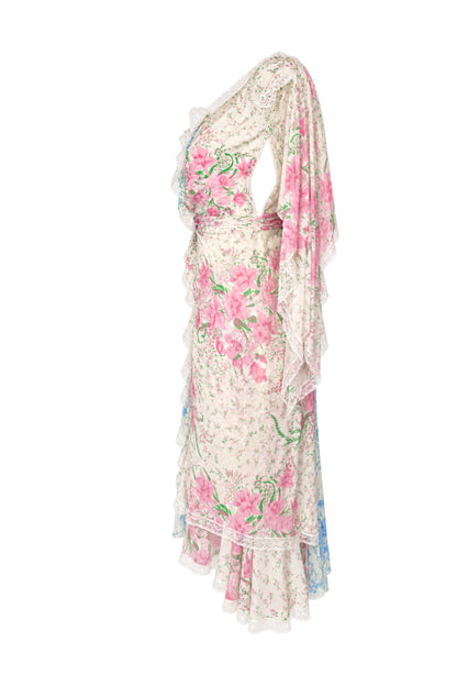 Ermanno Scervino Floral Silk Crinkle Wrap Midi Dress with Lace Trim