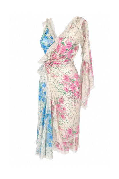 Ermanno Scervino Floral Silk Crinkle Wrap Midi Dress with Lace Trim