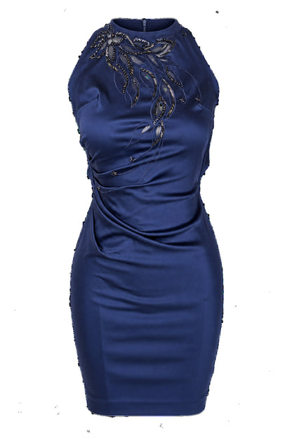 Navy Satin Beaded Halter Ruched Mini Dress
