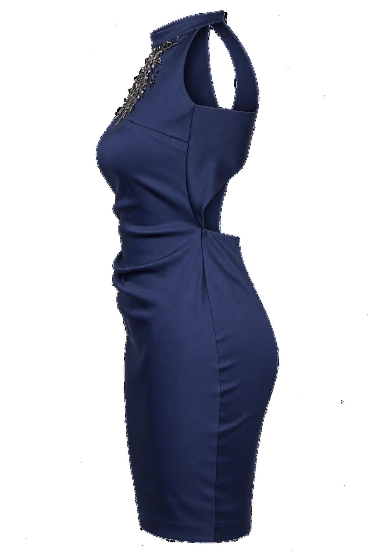 Navy Satin Beaded Halter Ruched Mini Dress