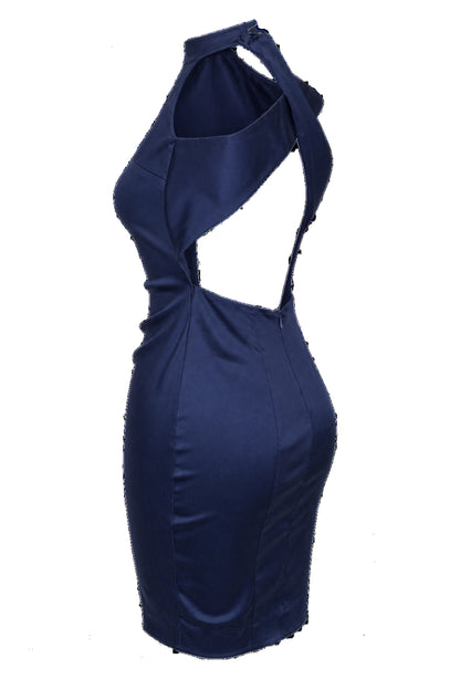 Navy Satin Beaded Halter Ruched Mini Dress