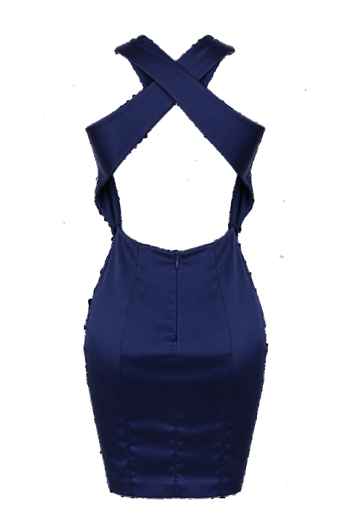 Navy Satin Beaded Halter Ruched Mini Dress