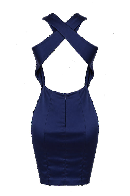 Navy Satin Beaded Halter Ruched Mini Dress