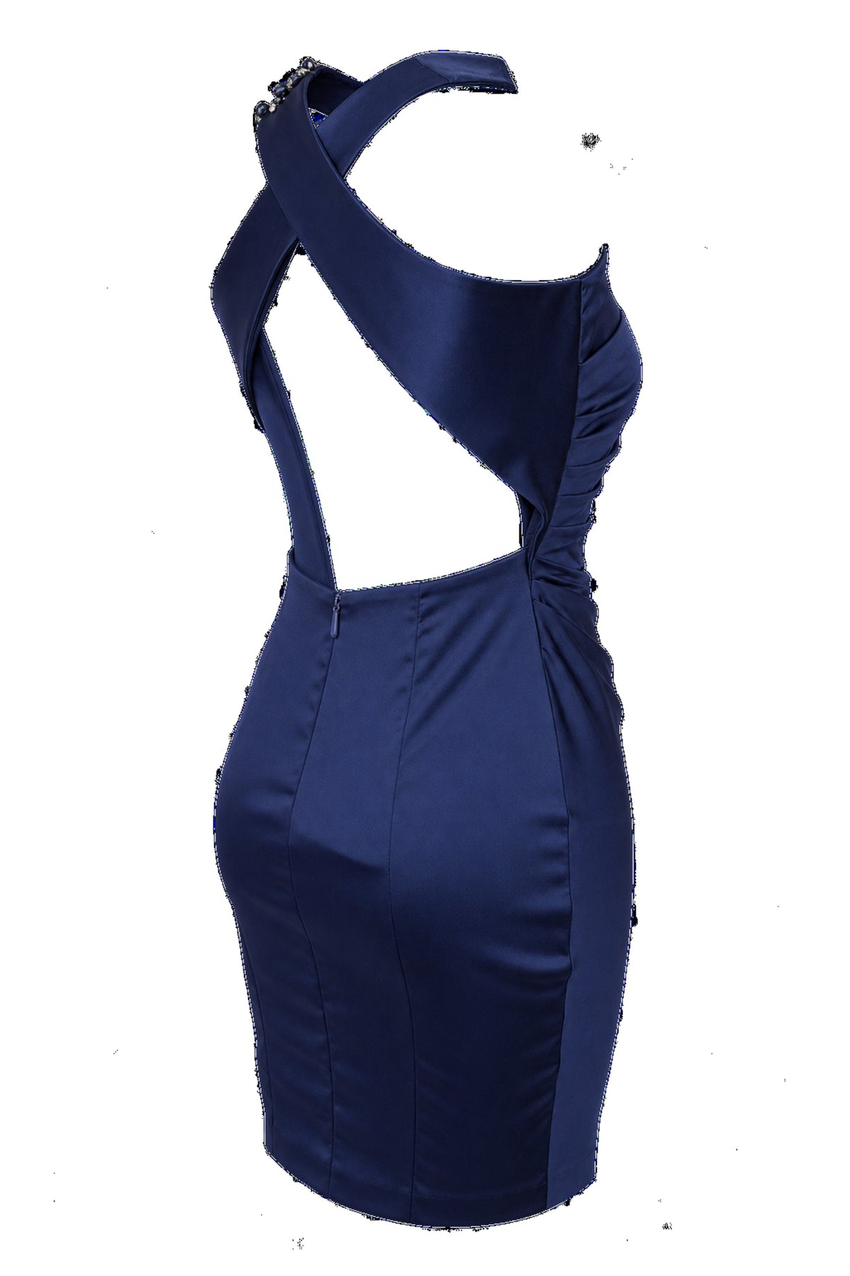 Navy Satin Beaded Halter Ruched Mini Dress