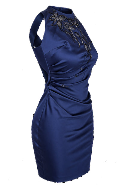 Navy Satin Beaded Halter Ruched Mini Dress