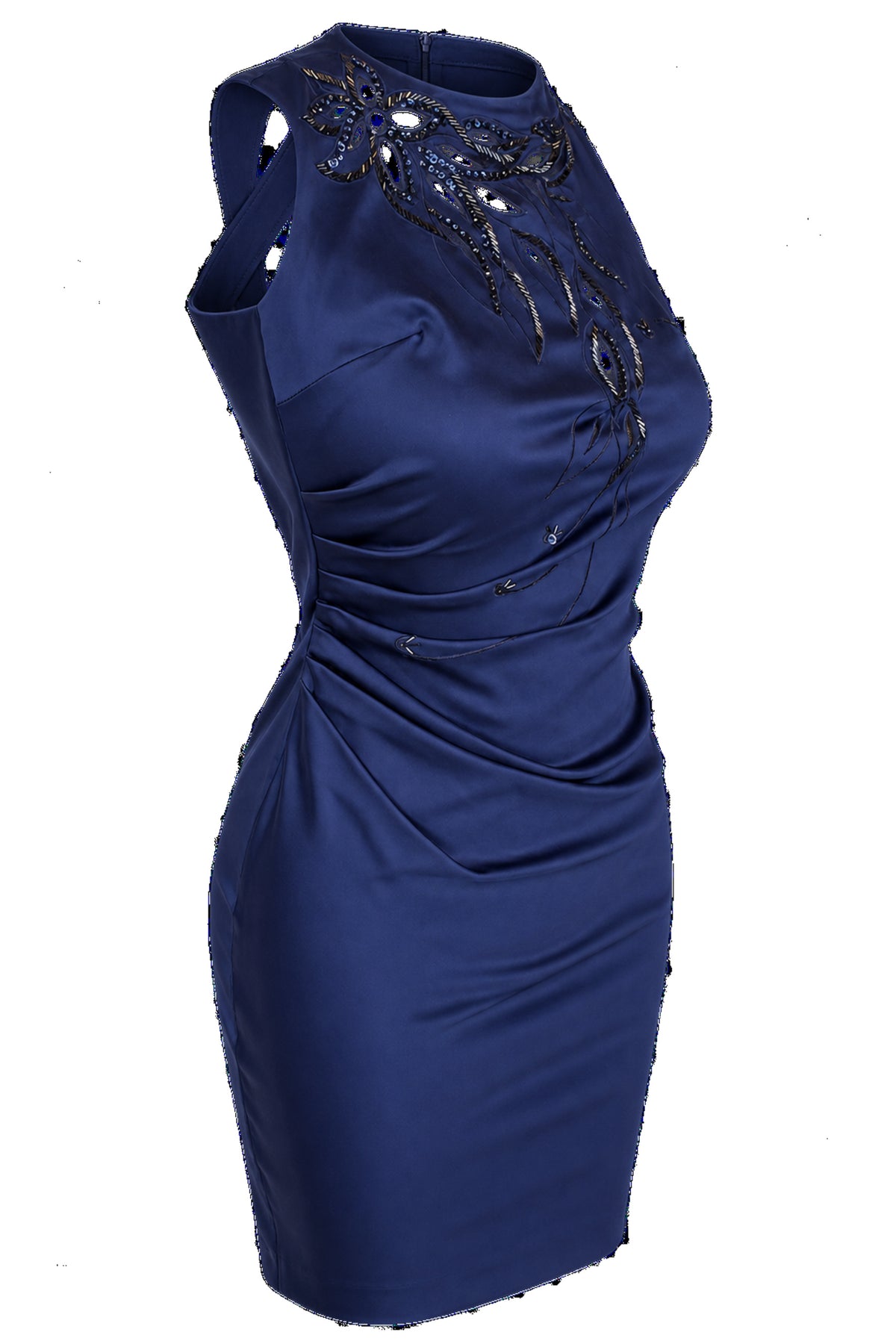 Navy Satin Beaded Halter Ruched Mini Dress