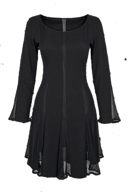 Black Chiffon Panel Long Sleeve Flared Mini Dress