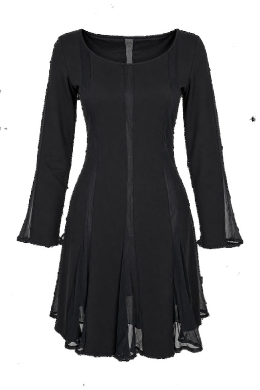 Black Chiffon Panel Long Sleeve Flared Mini Dress
