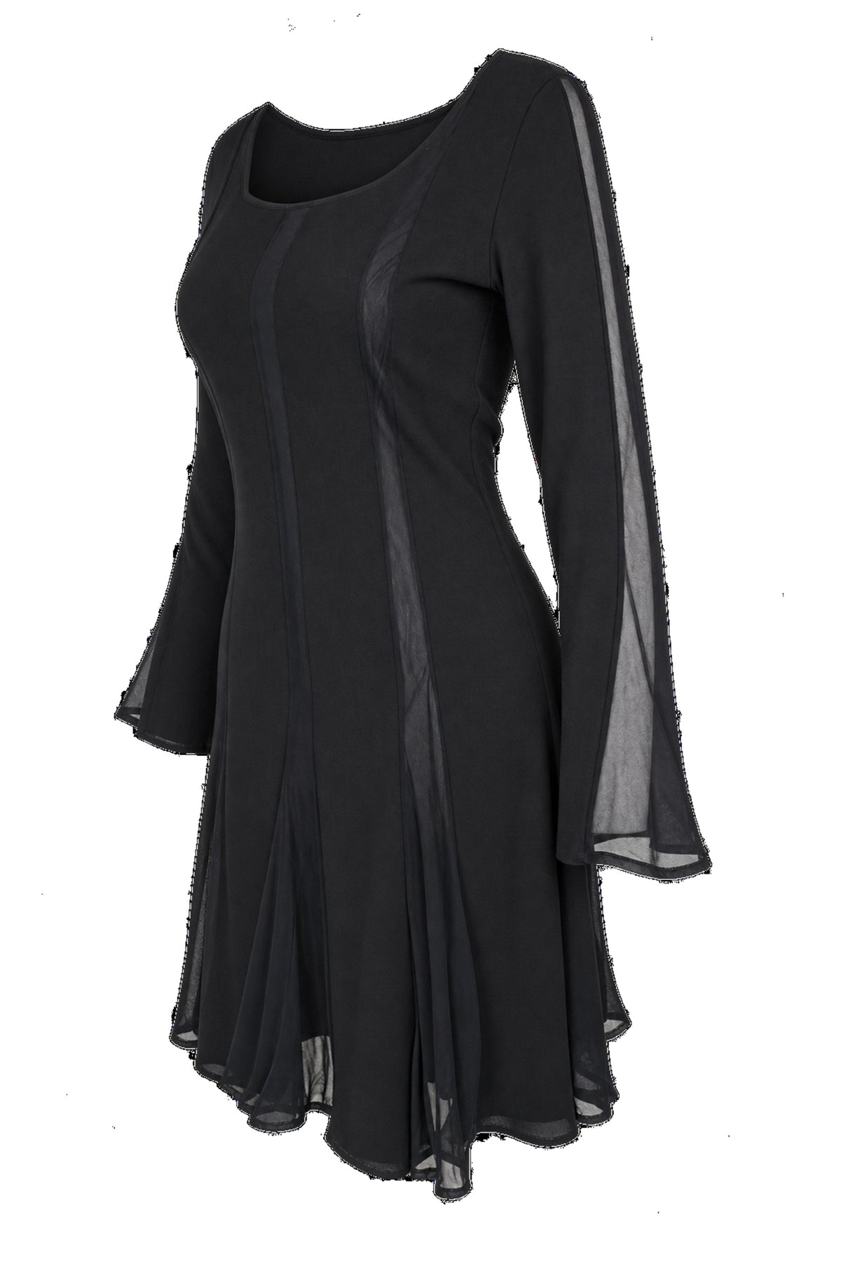 Black Chiffon Panel Long Sleeve Flared Mini Dress