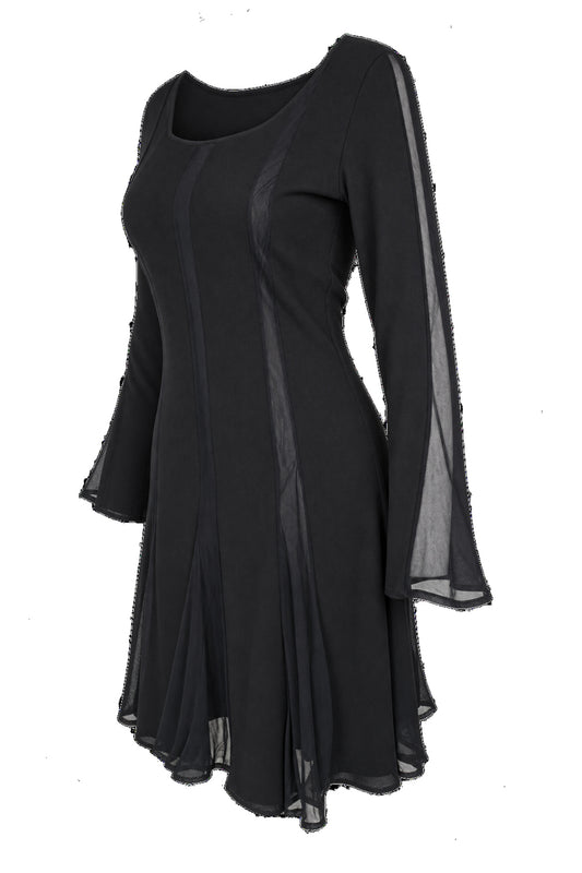 Black Chiffon Panel Long Sleeve Flared Mini Dress