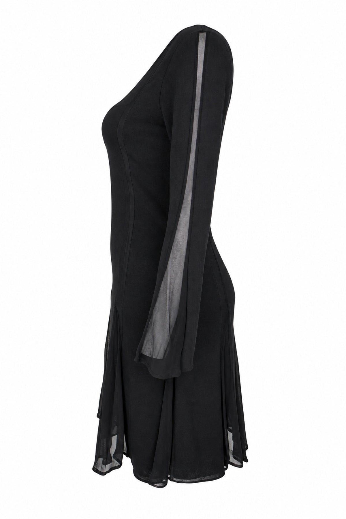 Black Chiffon Panel Long Sleeve Flared Mini Dress