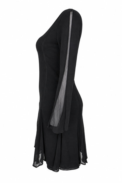 Black Chiffon Panel Long Sleeve Flared Mini Dress