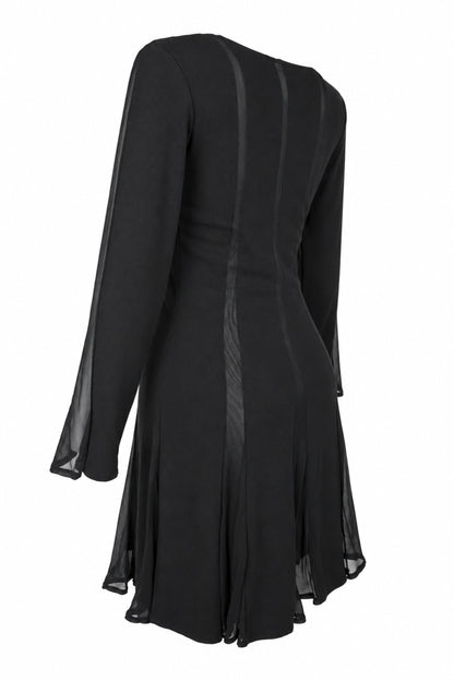 Black Chiffon Panel Long Sleeve Flared Mini Dress
