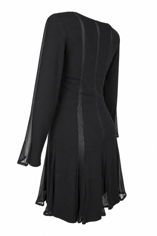 Black Chiffon Panel Long Sleeve Flared Mini Dress