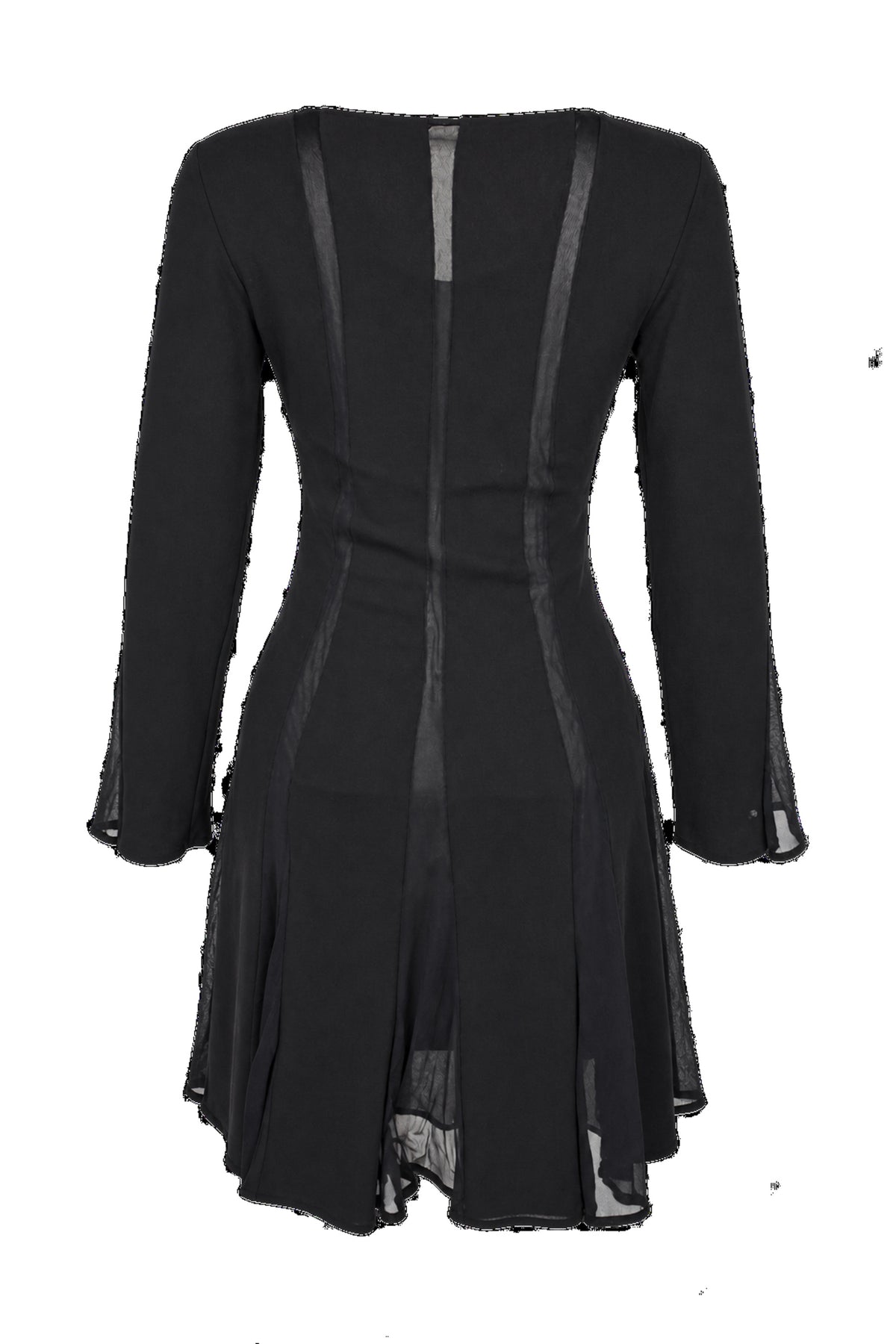 Black Chiffon Panel Long Sleeve Flared Mini Dress