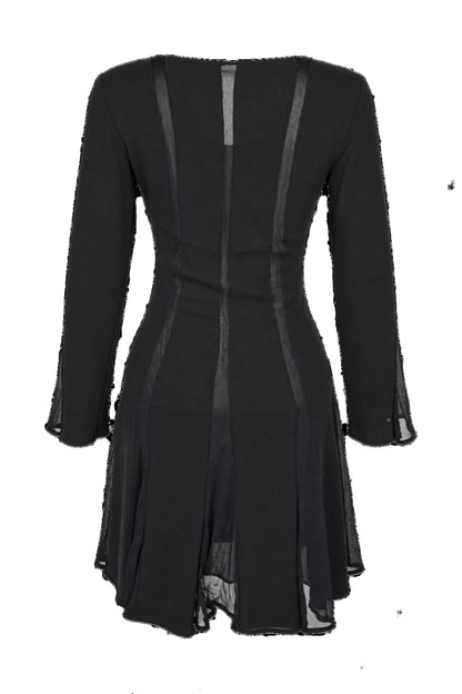 Black Chiffon Panel Long Sleeve Flared Mini Dress
