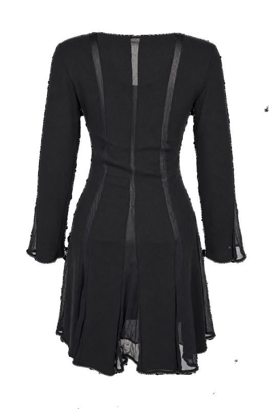 Black Chiffon Panel Long Sleeve Flared Mini Dress