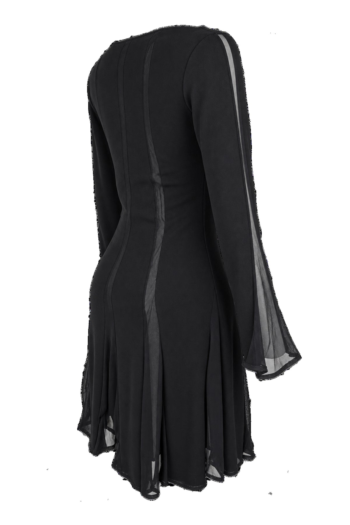 Black Chiffon Panel Long Sleeve Flared Mini Dress