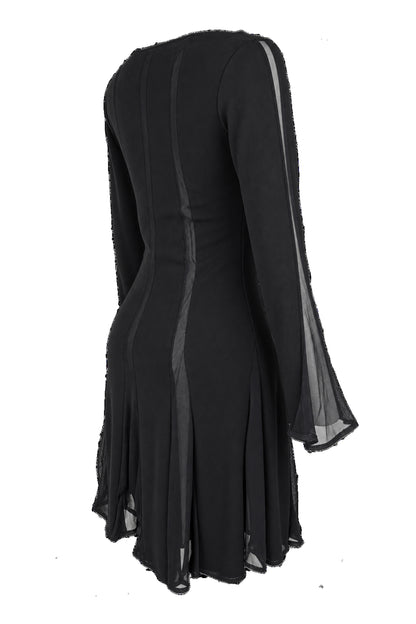 Black Chiffon Panel Long Sleeve Flared Mini Dress