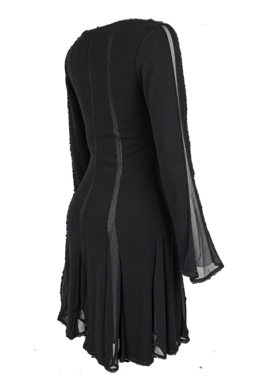 Black Chiffon Panel Long Sleeve Flared Mini Dress