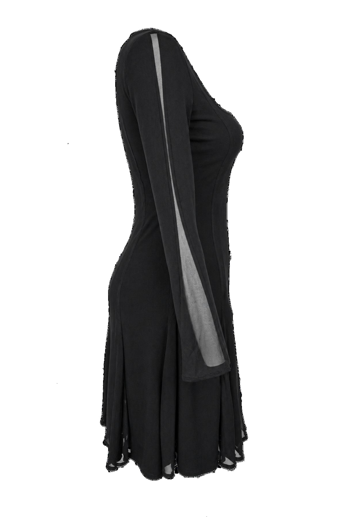 Black Chiffon Panel Long Sleeve Flared Mini Dress