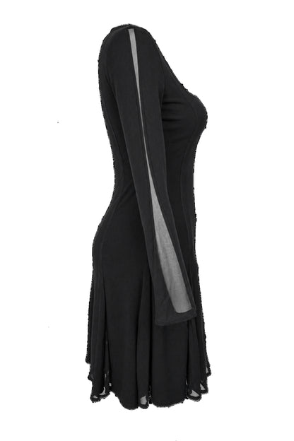 Black Chiffon Panel Long Sleeve Flared Mini Dress