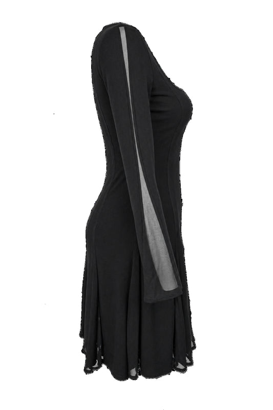 Black Chiffon Panel Long Sleeve Flared Mini Dress