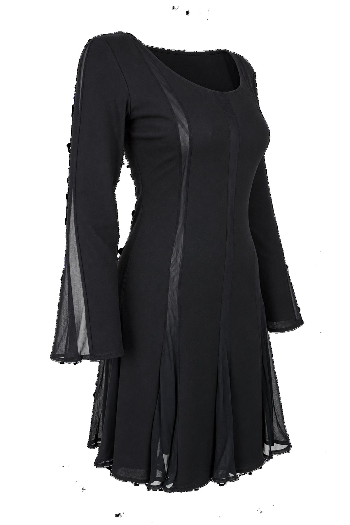 Black Chiffon Panel Long Sleeve Flared Mini Dress